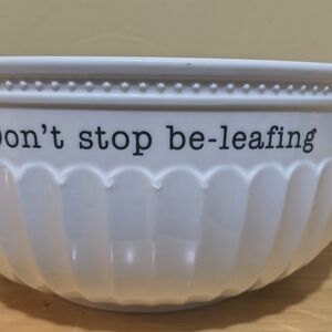 White Ceramic Bowl with 'don't stop be-leafing' Text